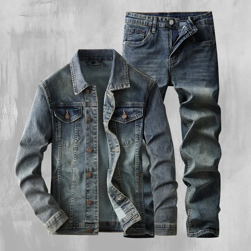 2024 AutumnWinter American Denim Cowboy Set Classic Simple Versatile Washed and Elastic Jacket Jean clothes for men 260623banjia