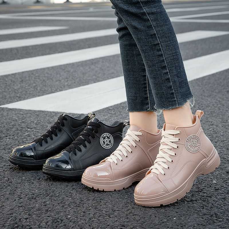 top womens High rain boots lady shoes platform waterproof womens wellies non-slip rainshoes outdoor casual lace up rainboot T260623