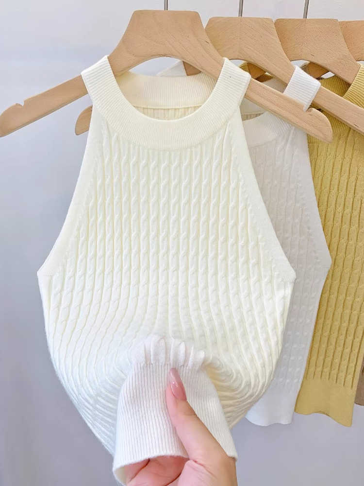 Womens New 2026 Knitted Summer Halter Camisole Slim Fit Sleeveless Base Tank Tops Solid Color O-neck Outerwear Vests Crop Tops M260623