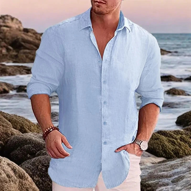 mens cotton linen autumn long-sleeved shirt solid colour versatile casual resort style mens shirt tops 260623