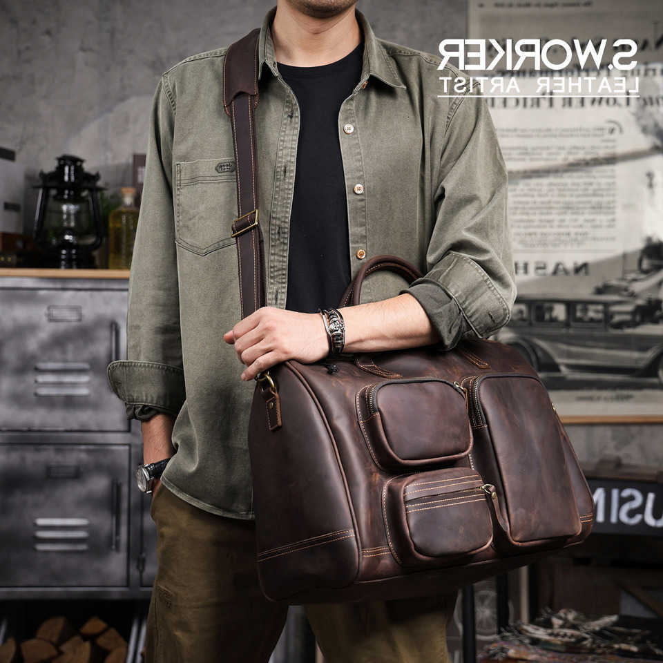 Leather SWORKER Vintage Mens Genuine Briefcase Full Grain Leather Business Handbag For Men Travel Weekend Duffel Bags H260623