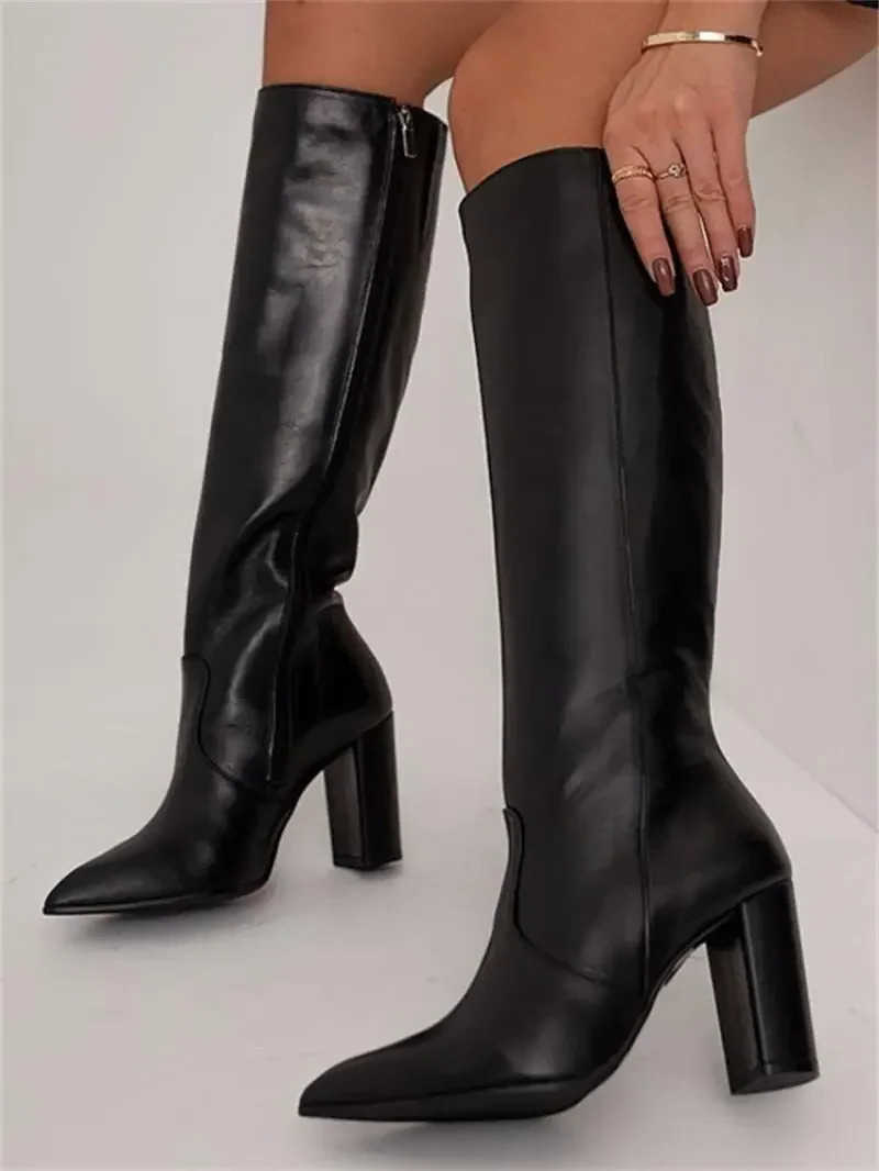 Botas hasta la rodilla para mujer, botas puntiagudas de invierno 2025, zapatos de tacón alto a la moda para mujer, botas altas de vaquera occidental