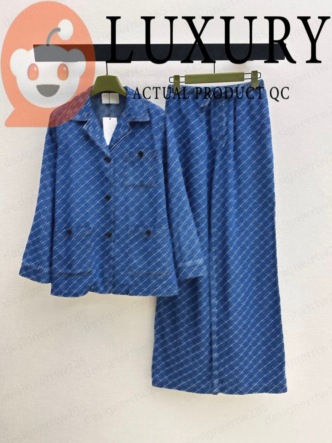 GG High Street Retro Tracksuit Jacquard Jeans Set Blue Pajama Style Pants Co-ord Outfits Luxury Classic Letter Wide Leg Denim 2 Piece Outfits-image-1111917502