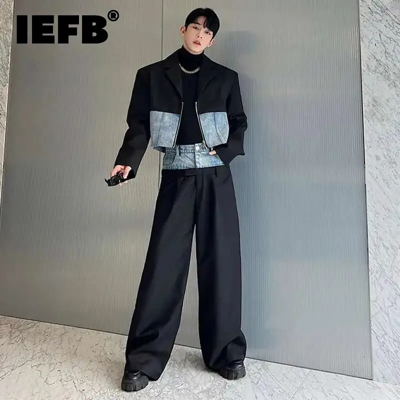 IEFB Mens Set Fashion Niche n Denim Patchwork TwoPiece Suit Short Jackets Wide Leg Pants Spring Autumn Women 9C2161 260623banjia