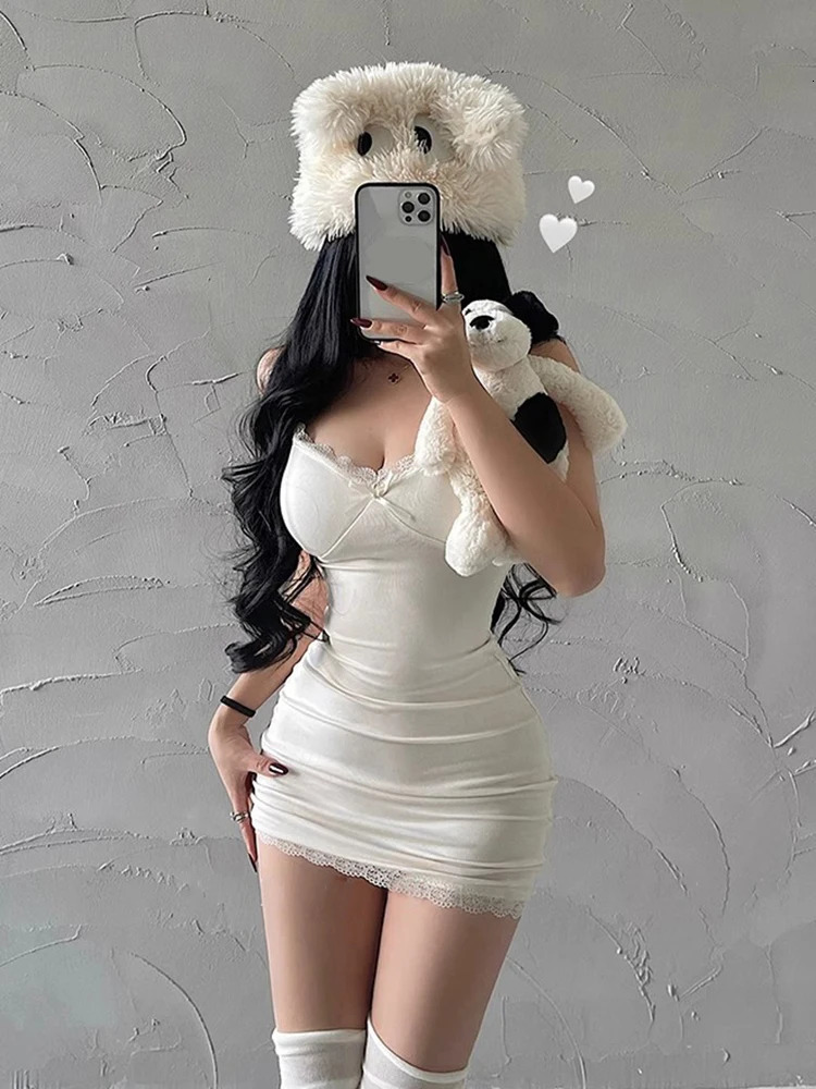 Y2K Retro Lace Patchwork Spaghetti Strap Black Bodycon Dress Mini Fashion Aesthetic Bow Club Party Sexy Dresses for Women 260622
