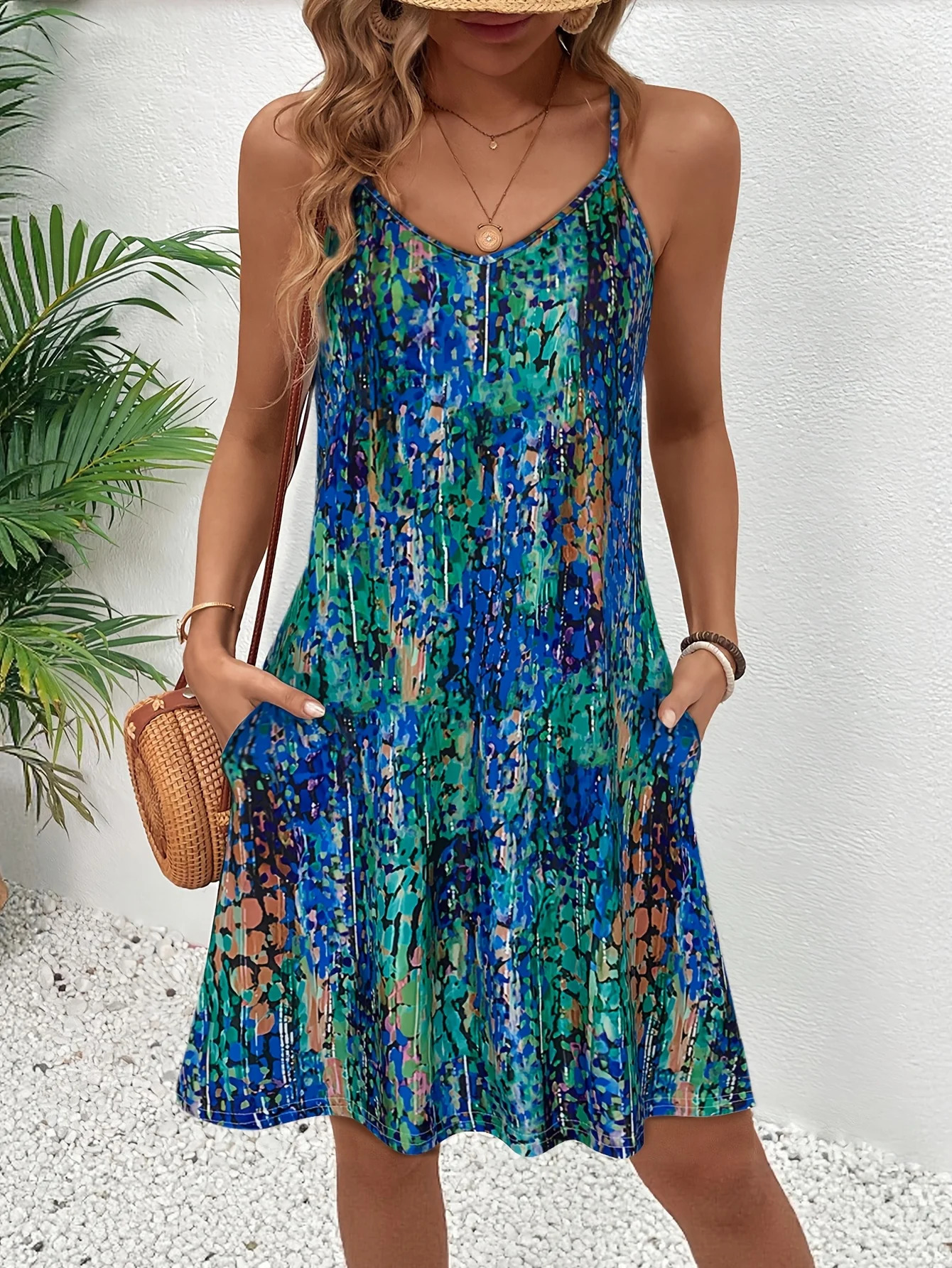 Womens Blue Green Abstract Print Cami Dress Summer Casual V Neck Sleeveless A Line Flowy Sundress With Pocket 260613banjia