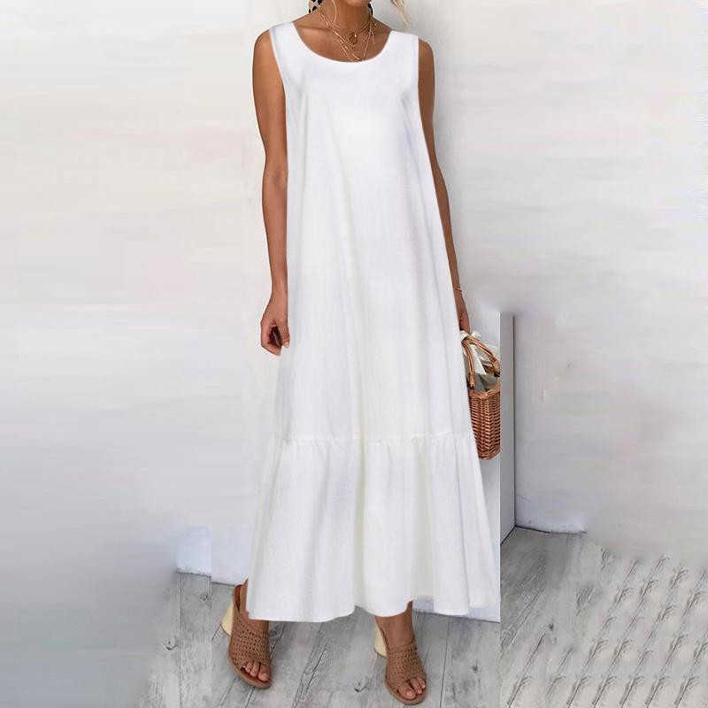 New Dresses 2025 Woman Fashion Summer Solid-color Cotton-linen Sveless Plus Size Womens Loose-fitting Long Dress Skirt L26