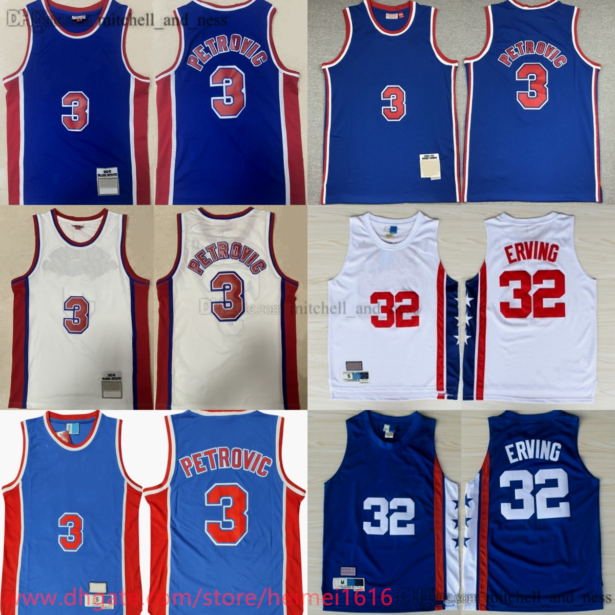 MitchellandNess 1992-93 Classic Retro Mesh Basketball 3 Drazen Petrovic Jersey Vintage Stitched 32 Julius Erving Jerseys Blue White Breathable Sport