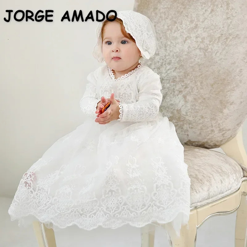Baby Girl Christening Gown Solid Color Lace Party Dress Long Wedding Perform Dress with Cap born Baptismal Clothing H6555 260623