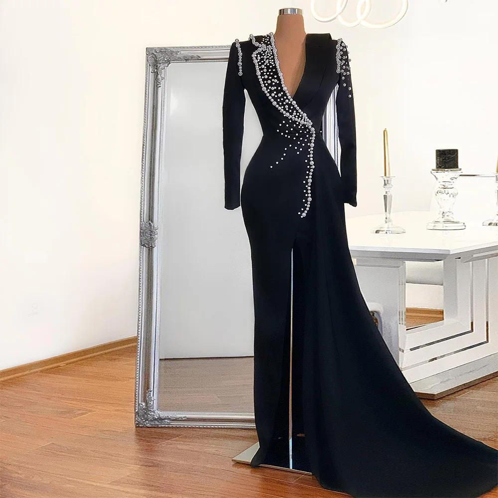 Evening Dresses Deep V Neck Satin Long Sleeves Mermaid night Gown Beaded Middle Split Trumpet Women's Formal Party Gowns