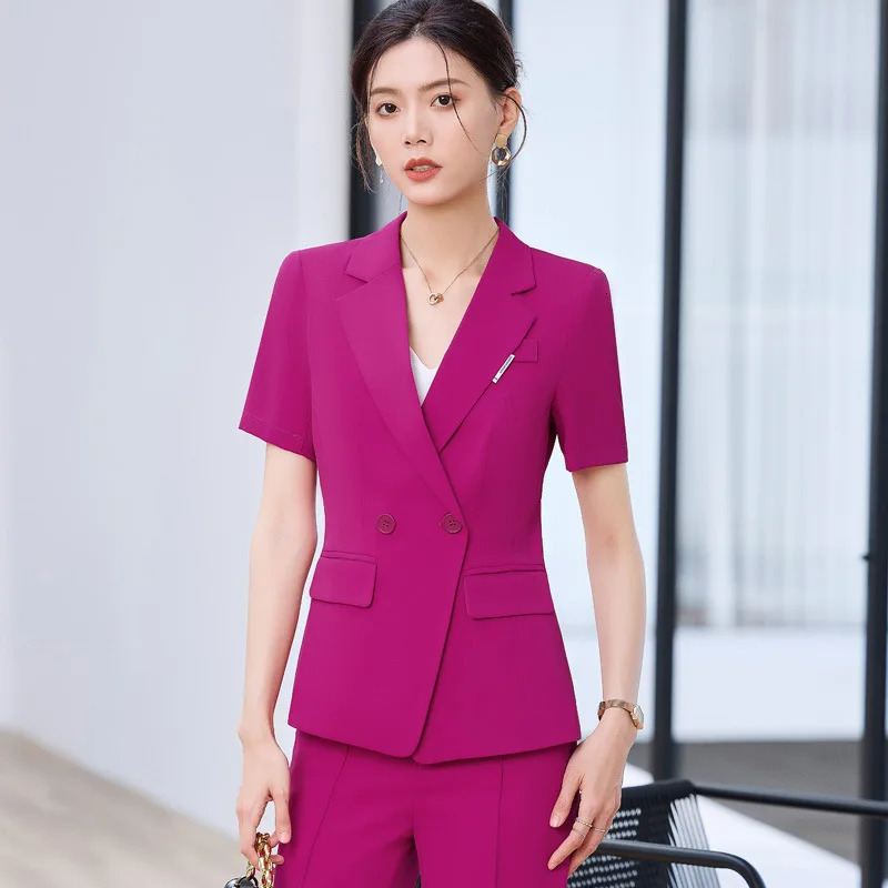 Purple Womens Summer 2025 Short Sleeve Suit TwoPiece Set Elegant Workwear Flared Pants Fashionable Business Attire 260623