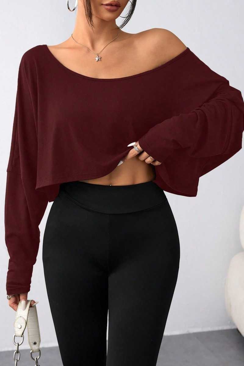 Spring 2025 Womens Loose Collar Base Fashion Crop T-Shirt Long Sve Casual Comfortable Line Neckline Solid Short Top L26