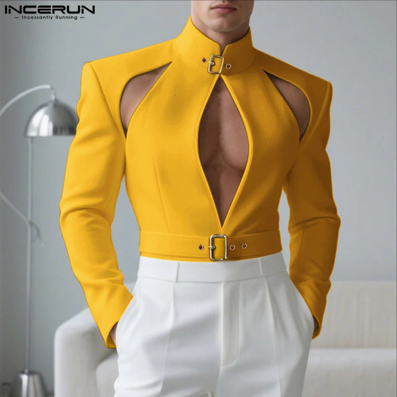 INCERUN Men Blazer Solid Stand Collar Long Sleeve Hollow Out Male Suit Streetwear Personality Fashion Casual Blazer With Belt 260623