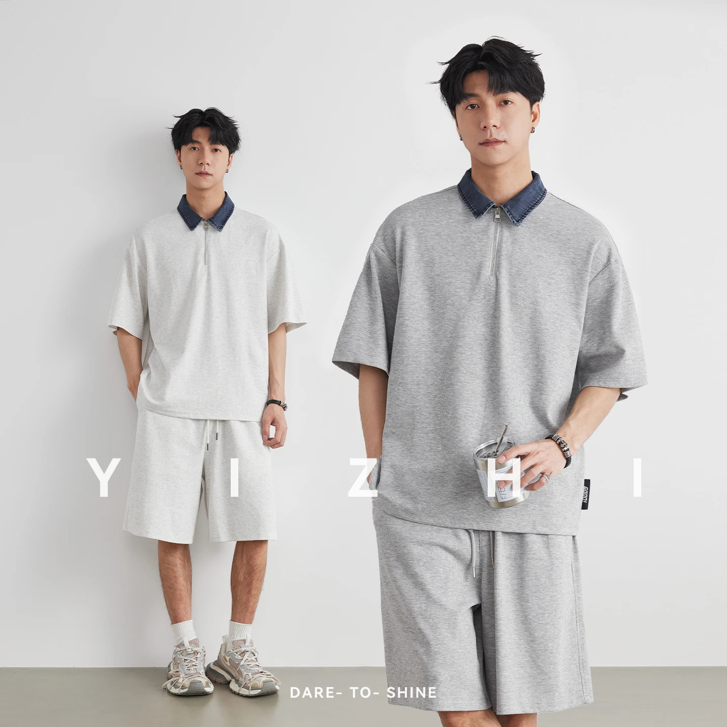 Mens Denim Collar Half Zip Polo Shirt Shorts Set 2026 Summer Loose Casual Daily Commute Two Piece Outfit 260623banjia