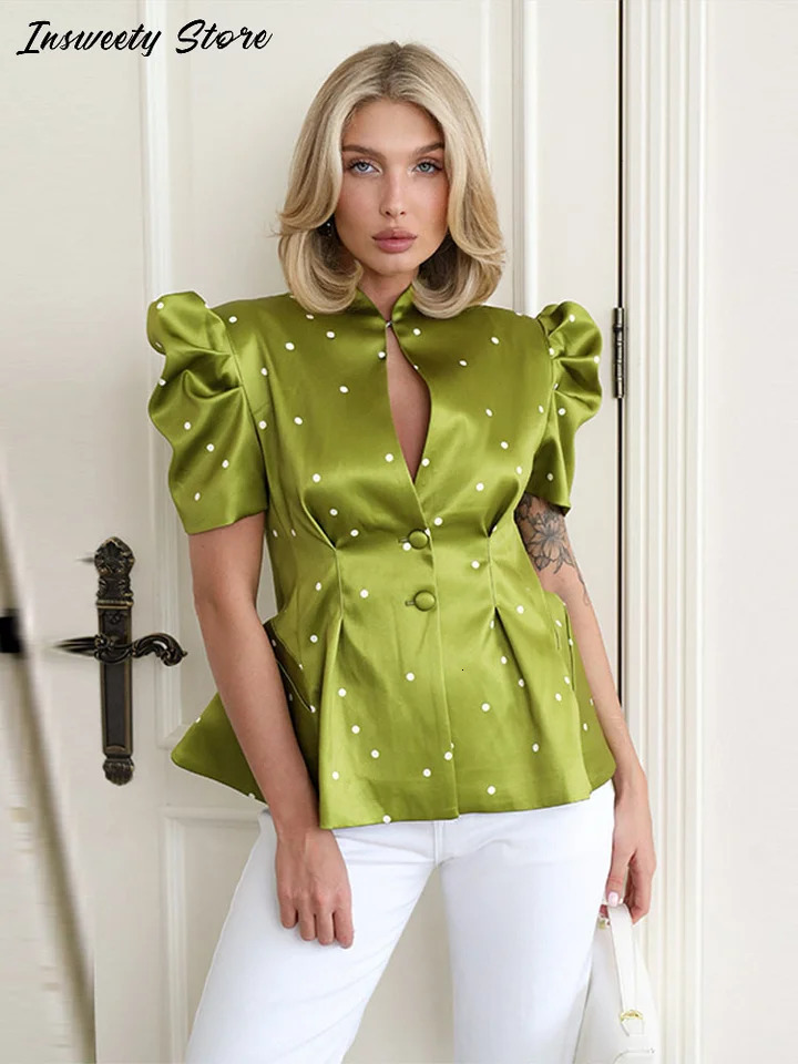 Fashion Printed Stand Collar Blazer Womens Short Sleeve Waist Cinching Single Breasted Jacket 2026 Summer Lady Casual Wear 260623