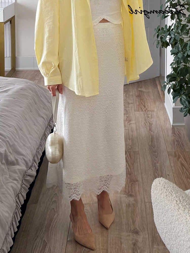 White Lace Skirt Maxi Bodycon Women Summer Office Wear Elegant Formal Skirts With Lace Lady Elastic Waist Lace Black Skirt Long L26