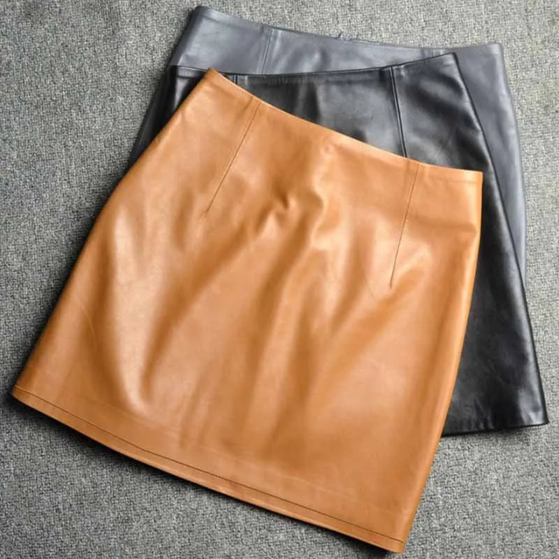 Genuine Leather 2025 A Line Slim Fit Wrap Buttocks Short Skirt Sheepskin High Waisted Womens Pure Spanking 260613