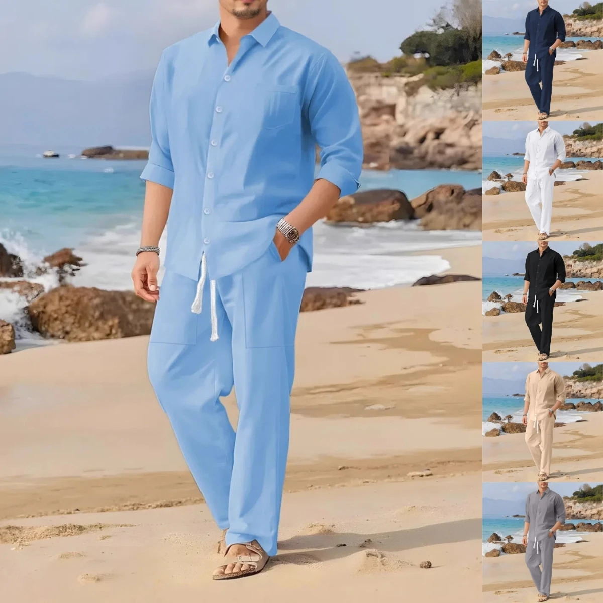 SpringSummer autumn Mens Casual Long-Sleeved Set Solid Shirt and Pants - Comfortable and Fashionable Two-Piece Set 260622