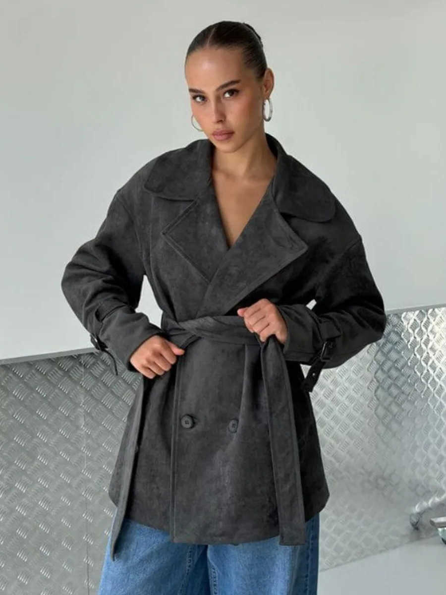 Wolfeel Autumn Winter Womens Fashion Retro Jacket Suede Belted Waist Short Trench Coat New Lapel Jacket L26