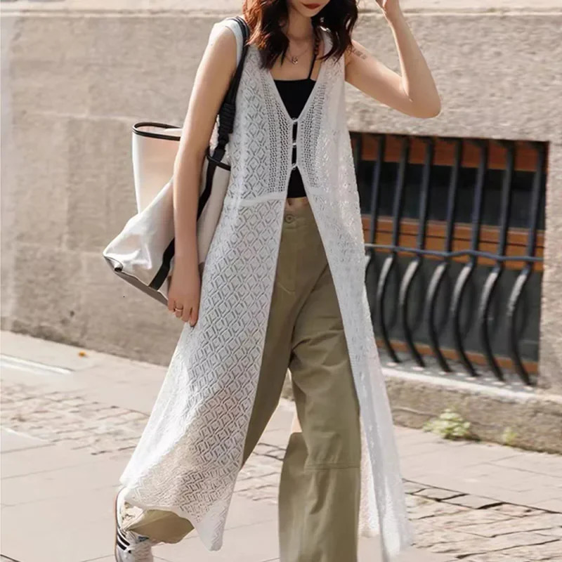 Knitwears White VNeck Knitted Sweater Women Cardigans Hollow Out Sleeveless Knit Cardigan Tops Sweaters Q3908 260623