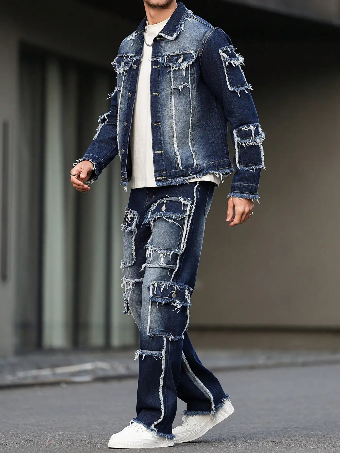 Mens spring and autumn denim suit multi pocket n wide straight leg pants style 260623banjia