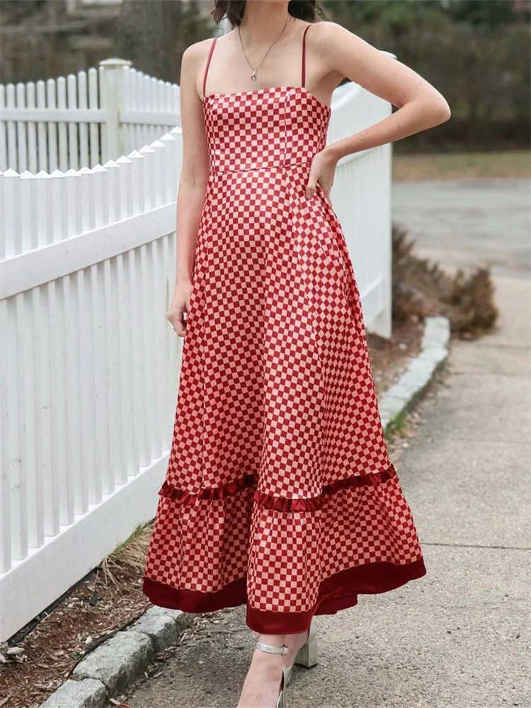 Womens Long Cami Dress Spaghetti Strap Checkerboard Print Loose Flowy Dress Summer Bohemian Holiday Party Elegant Dresses L26