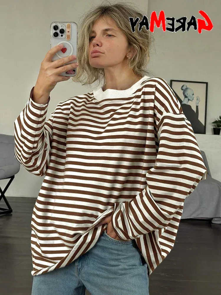 Womens Striped T-shirt 95 Cotton Oversized Black and White Casual Basic Long Sve Top Vintage Casual T-shirts for Women L26