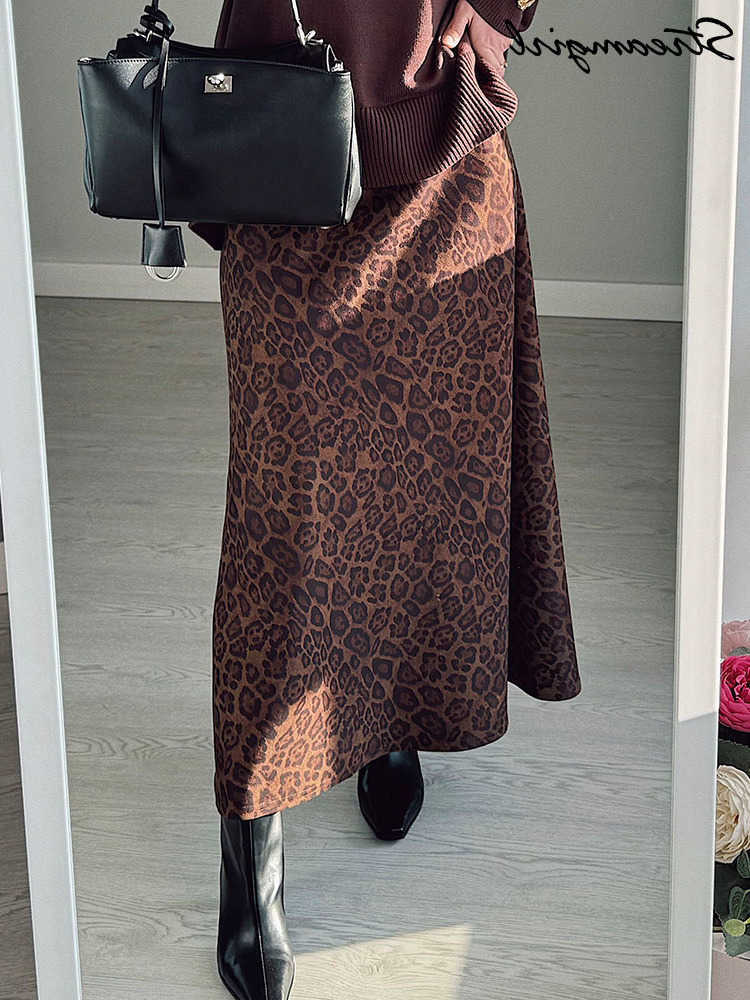 Winter Leopard Print Suede Skirt Long Women Autumn Vintage A Line Brown Maxi Skirts For Women Winter Warm Suede Leopard Skirts L26