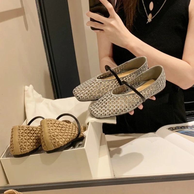 Omen Square Toe Hollow Flat Shoes Soft Soled Mesh Woven Sandals Women Mary Jane Style Shoes Comfortable Fashionable Women Shoes 260623