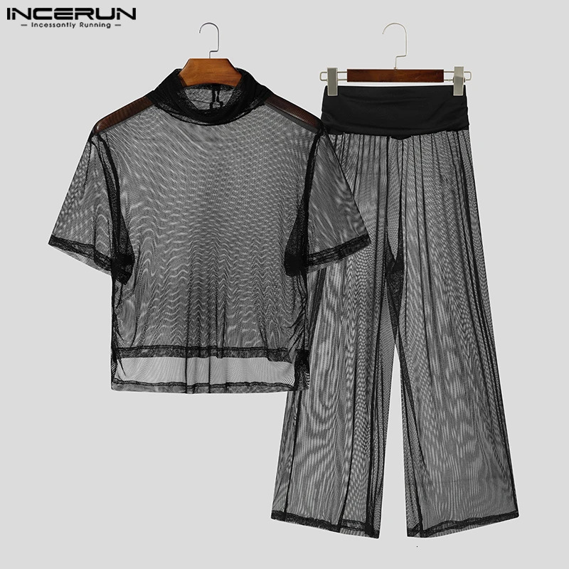 INCERUN Men Sets Mesh See Through Sexy Turtleneck Short Sleeve T Shirt Pants 2PCS Streetwear Summer Fashion Mens Suits 260622