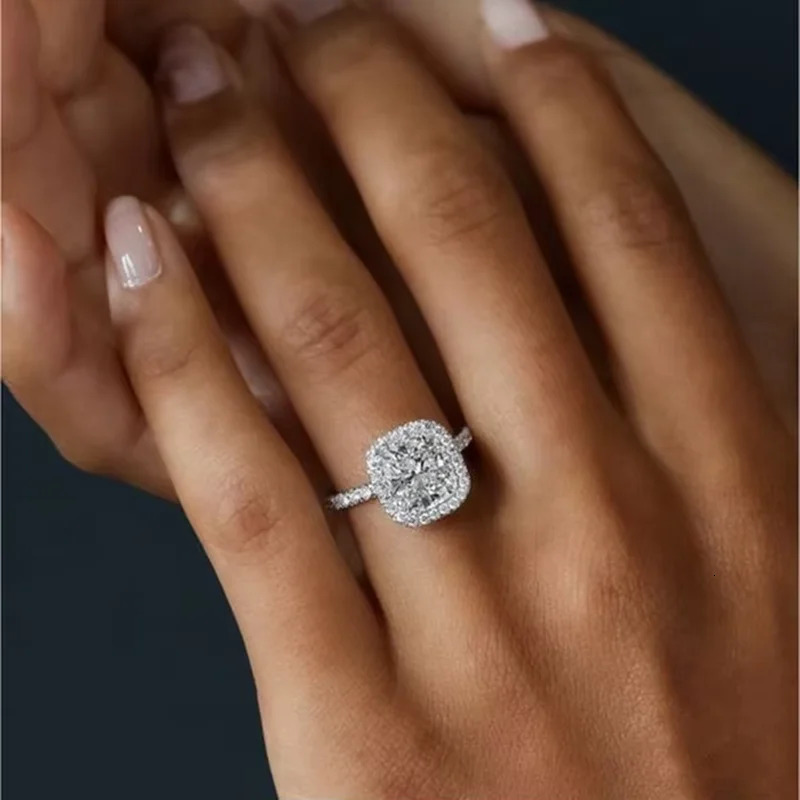 RAPRGOLD 2CT D Color Ring s925 Sterling Silver Brilliant Diamond Halo Engagement Rings for Women Fine Jewelry Gifts 260618