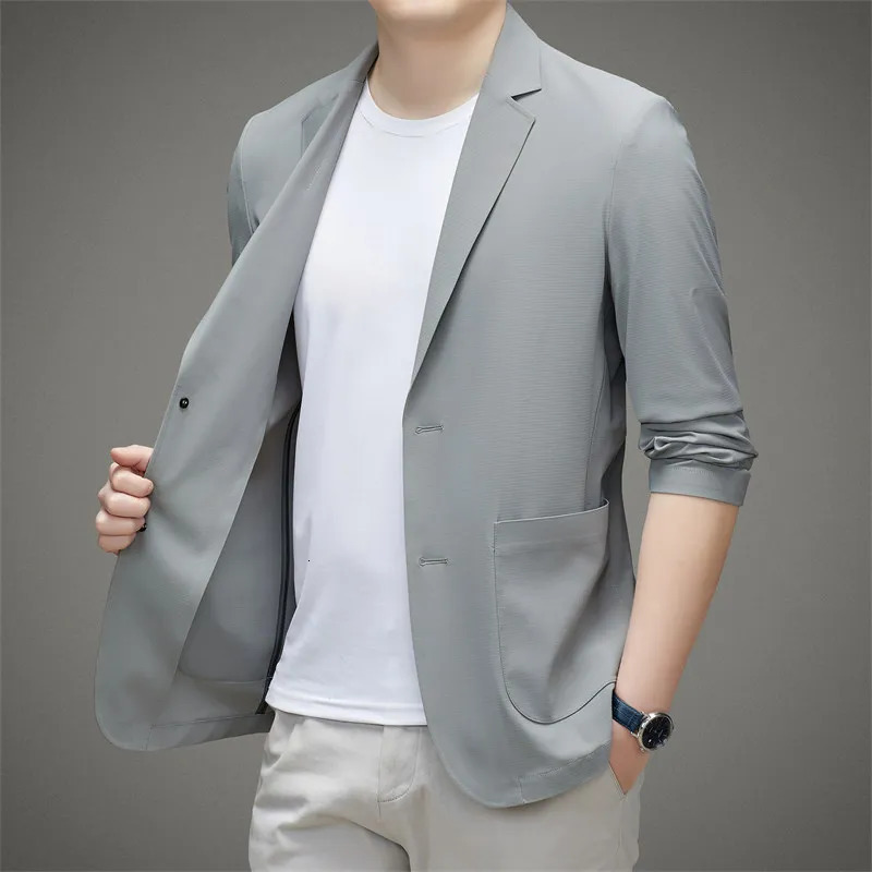 Minimalist Men Casual Blazer Ice Silk Nylon Spandex Seamless High Stretch Sun Protection Cooling Summer Breathable Tech Jacket 260623