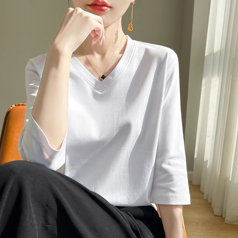 Spring And Summer White Mercerized Cotton Cropped Sleeve Tshirt Feminine Joker 100 Bottoming Shirt Half 260622
