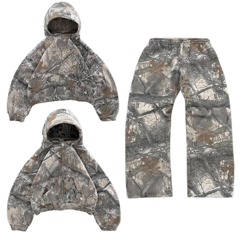 Camouflage Leaf Hoodie Sweatshirt Two Piece Set Men Tactical Oversized Elastic Waist Casual Pants 260622