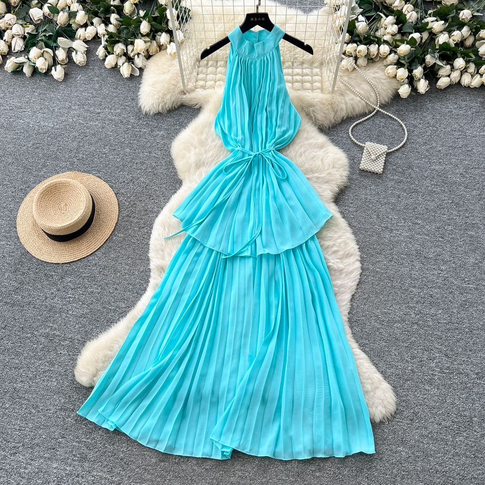 Pure desire style red neck strap pleated dress women's summer and Korean version waist thin cake skirt vacation style long dress