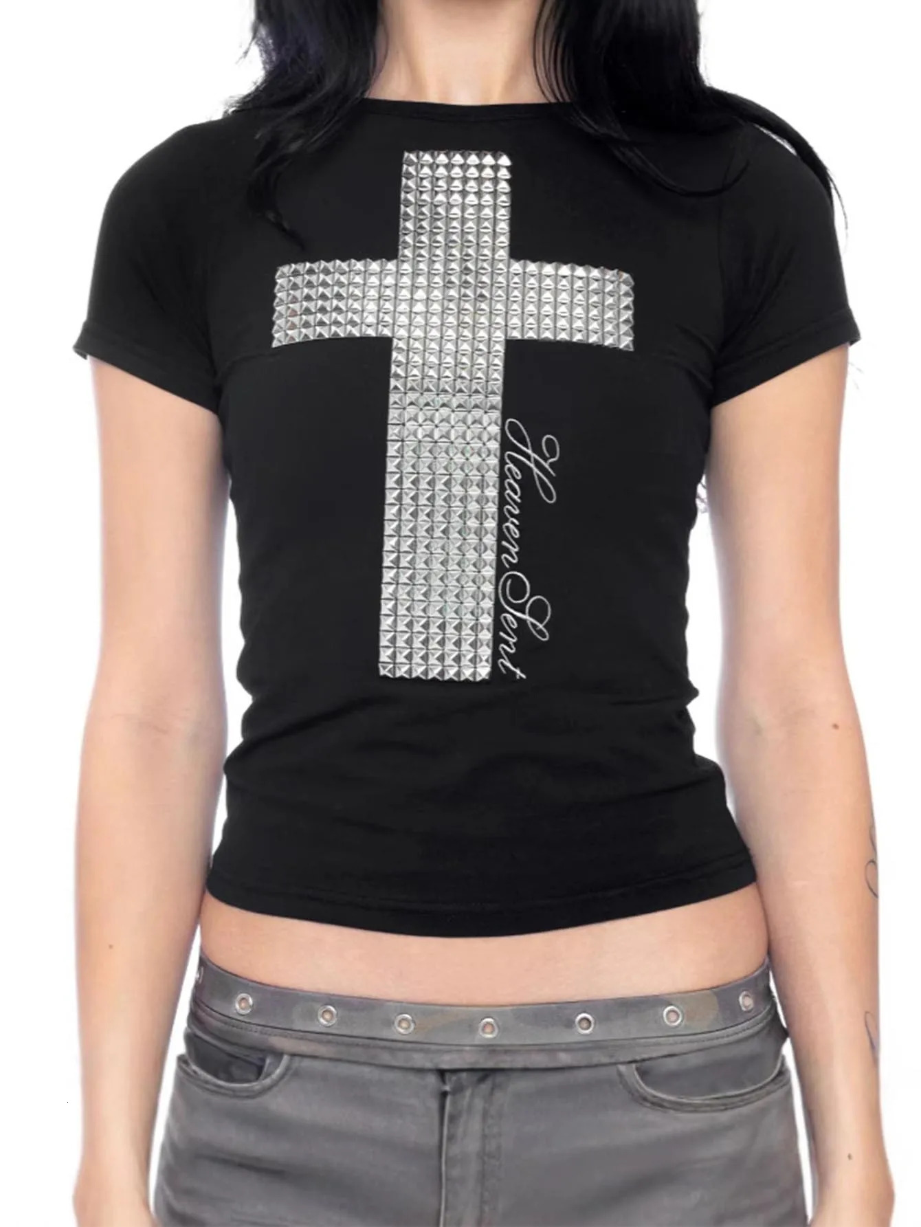2026 Womens Y2K Retro Girl Tshirt Cross Embellished Slim Fit Short Sleeve Fashion Streetwear Tops 260622