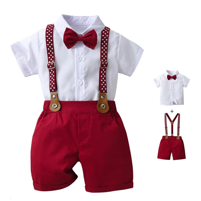 1 2 3 4 5 6 Years Boy Wedding Summer Clothes Star Print Suspender Set Kid Cotton Solid T-shirt Shorts Children Toddler Suits 260623