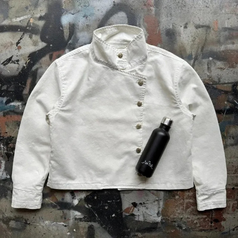 Y2K White Fencing Jacket High Neck Short Solid Color Safari Denim Men Women Goth Loose Casual Street Unisex Clothing 260623