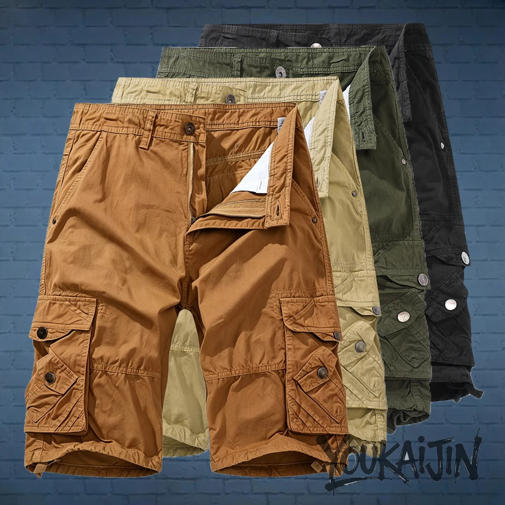 Summer Mens Cargo Shorts Loose Casual Below Knee Pants Elastic Waist Plus Size Outdoor Jogging Tactical Cotton EU 260623