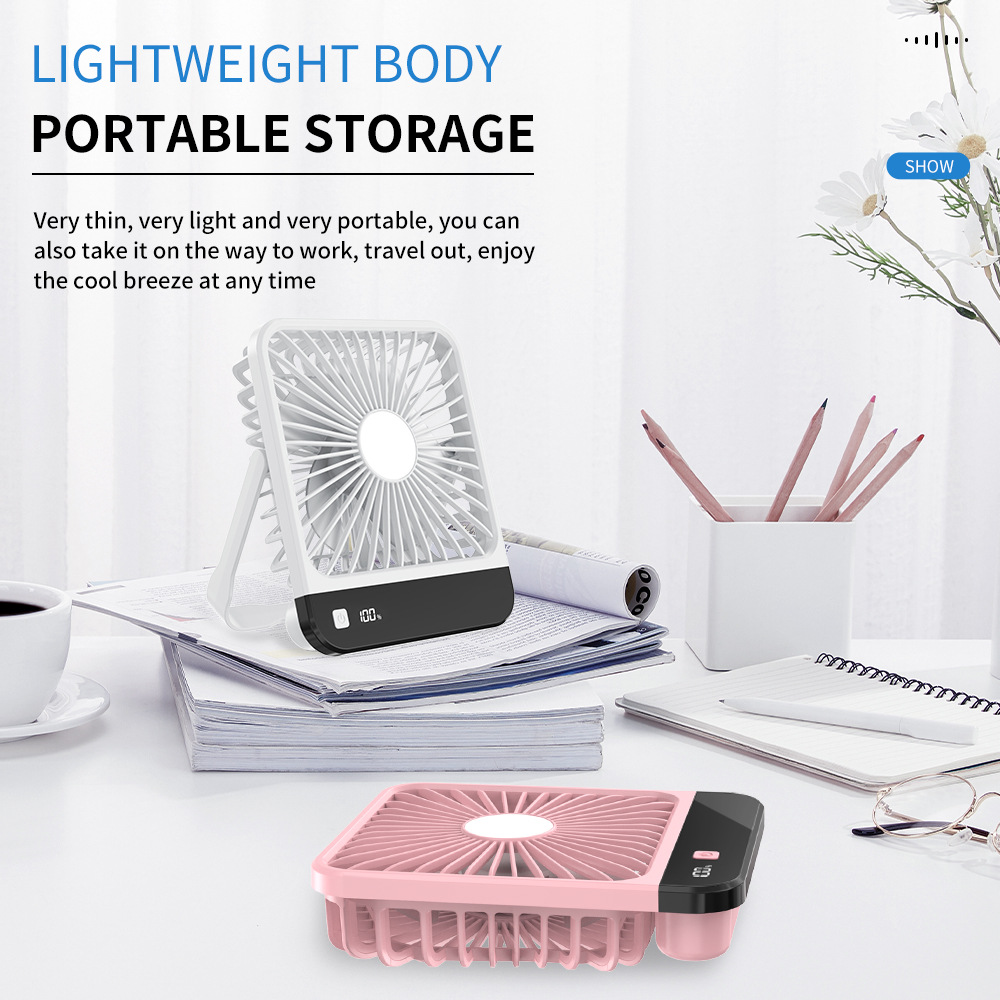 Ultra Thin Fold Desk Fan Digital Display USB Recharge Quiet Camping Fan-image-1111796908