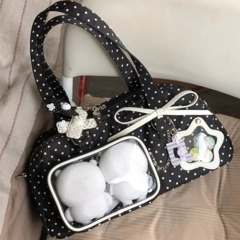 Polka Dot Nylon Tote Bag Harajuku Japanese Style Itabag Transparent Display Star Handbag Sweet Girls Commuter Shoulder Bag 260623