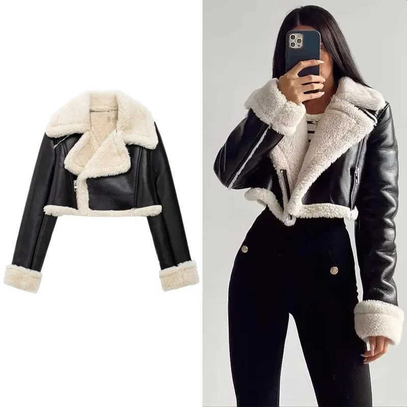 Womens TRAF Leather Jacket Coat Black Wool Blends Bomber Twd Jacket Autumn Winter Leather and Fur Crop Jacket 240124 S260623