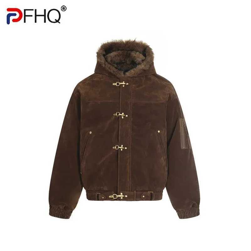 PFHQ American Style Mens Cotton Coats Hooded Faux Fur Metal Single Breasted Loose Solid Color Male Winter New Jackets CPG4887 Q260623