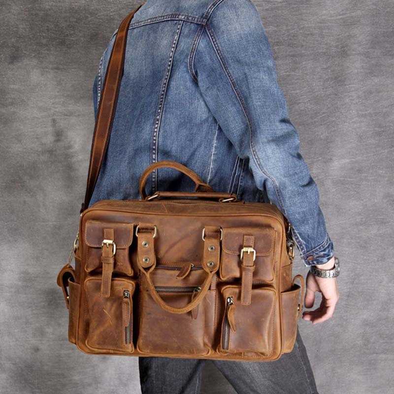 Vintage Crazy Horse Genuine Mens Leather Briefcase 156 Real Leather Business bag Cowhide Laptop Messenger Bag Big Travel Tote H260623