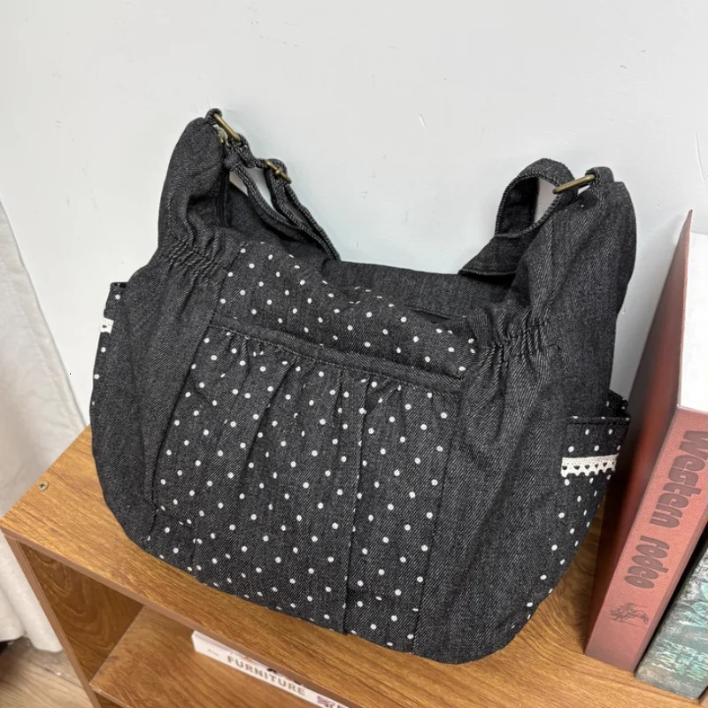 Korean Polka Dot Womens Shoulder Bag Trendy Ballet Style Denim Canvas Bag Large Capacity Student Commutingclass Crossbody Bag 260623