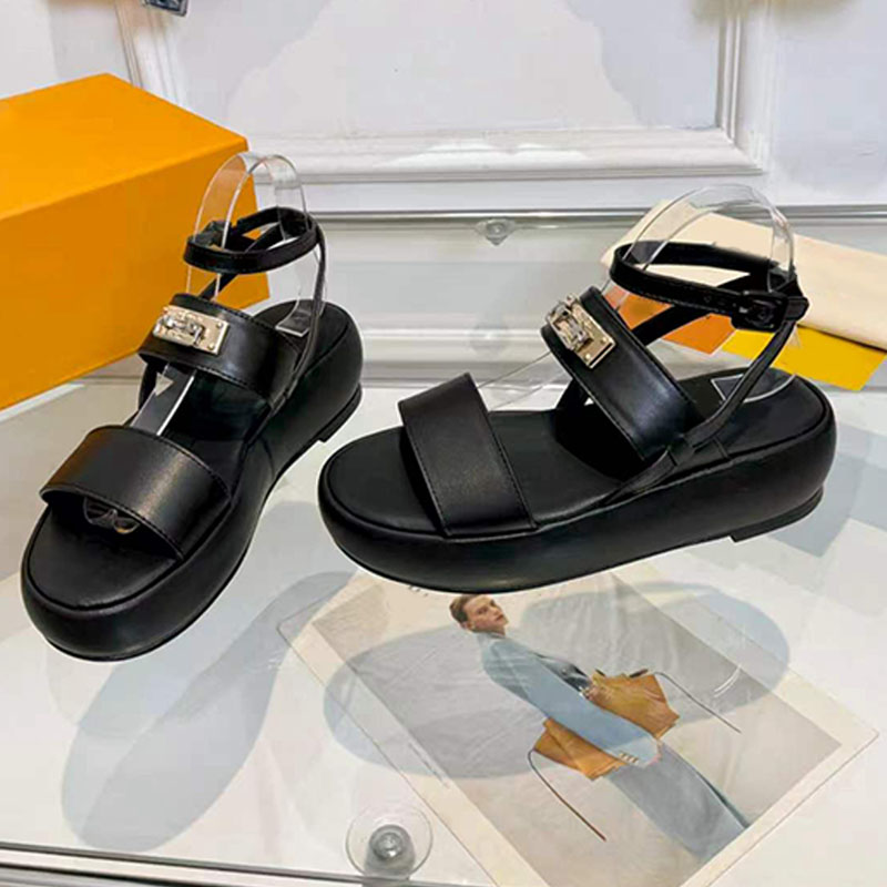 Womens 1AJYD Swing Lock Platform Sandals Spring Summer 2026 show black soft lamb leather Platform Sandal Adjustable buckle strap easy to wear style