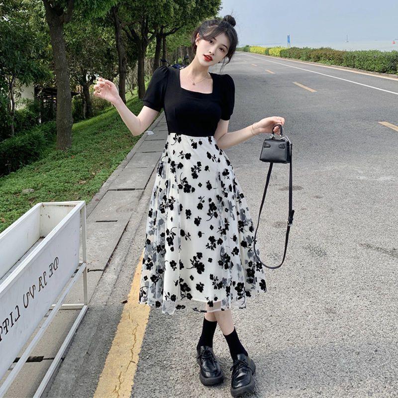 Q0426 Fake two-piece floral dress for women's summer new waist and thin first love temperament slim square collar A-shaped skirt-image-1111860107
