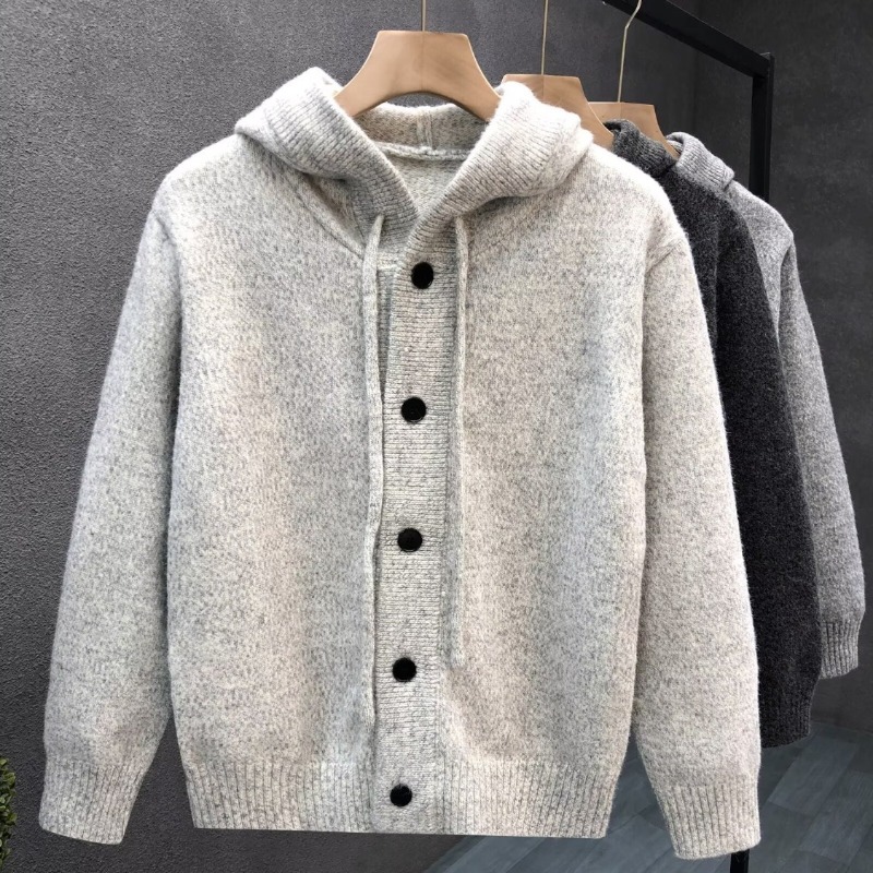 men solid color hooded knit cardigan lazy style trendy soft knit sweater coat high grade loose knitted outerwear