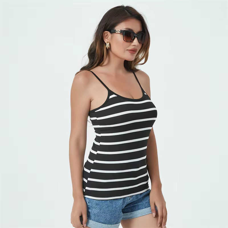 Summer Tanks Camis vest Women Fashion Casual Sleeveless Cotton Elastic Ladies Street Striped Black Tanks Tops Tees Hotsweet M260623