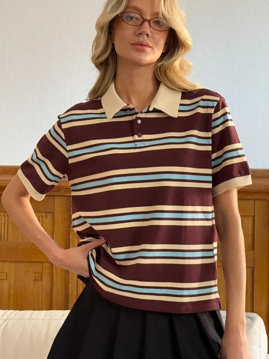 Wolfeel Summer New Womens Retro Striped Polo T-Shirt Short Sve Tees Fahsion Ladies Casual Knitted Shirt Loose Top L26